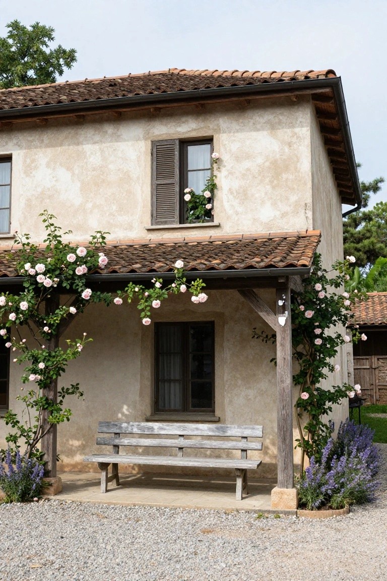 Beige stucco house with terracotta tile roof, wooden shutters, covered porch holding a weathered bench, surrounded by climbing pink roses on posts and lavender plants beside gravel ground.