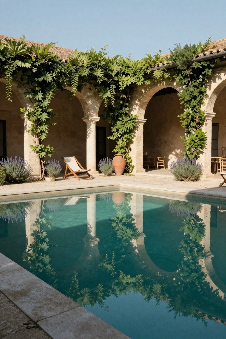 Stone courtyard featuring a rectangular turquoise pool surrounded by vine-covered arches, wooden lounge chairs, lavender plants, and large terracotta pots.
