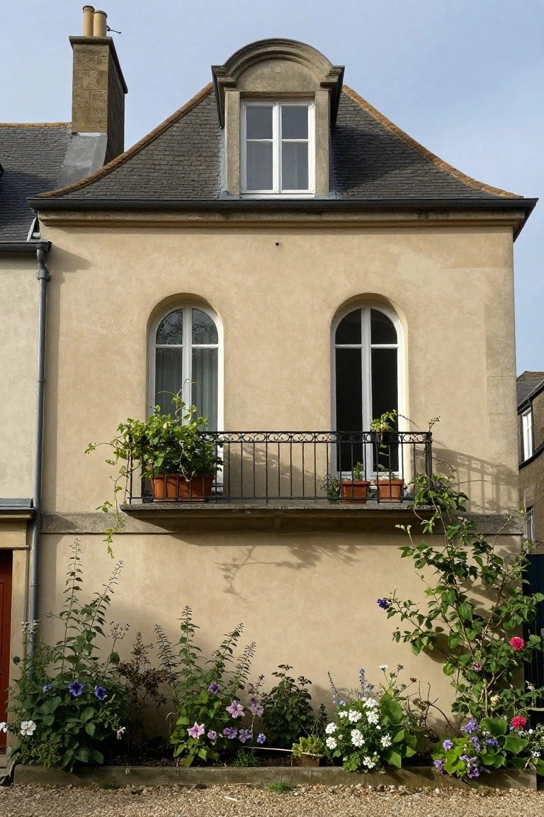 Beige stucco two-story house with slate mansard roof, arched windows, wrought-iron balcony holding potted plants, climbing vines and flowers along the base, gravel driveway in front.