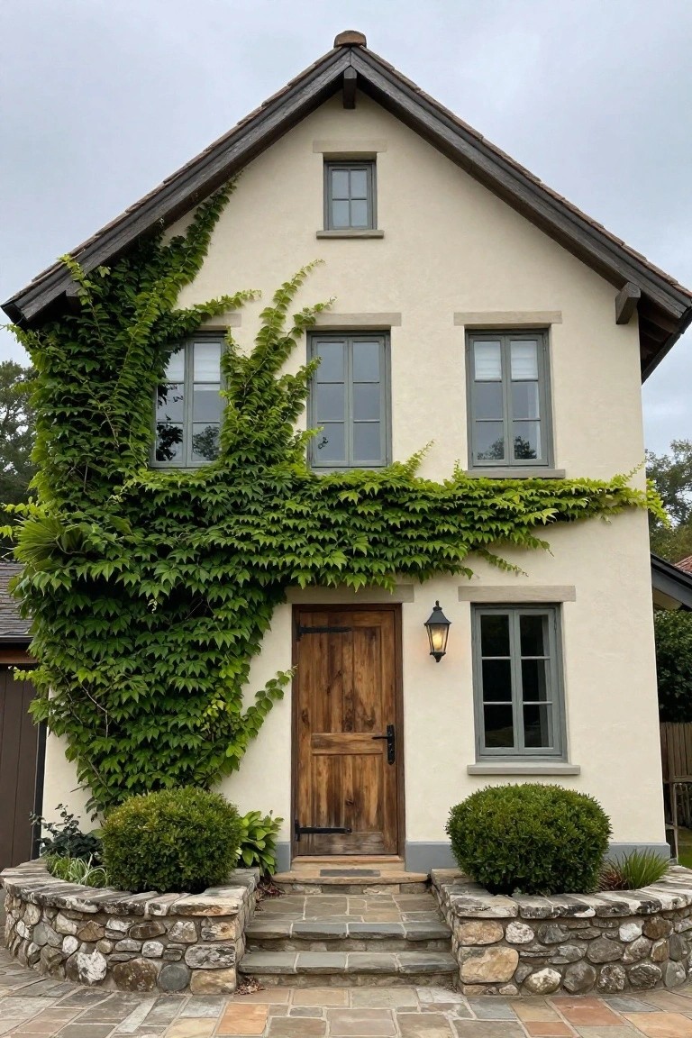Two-story beige stucco house with dark roof timbers and green ivy climbing the left facade, wooden front door with lantern, gray-framed windows, flanked by stone retaining walls and shrubs on slate steps.