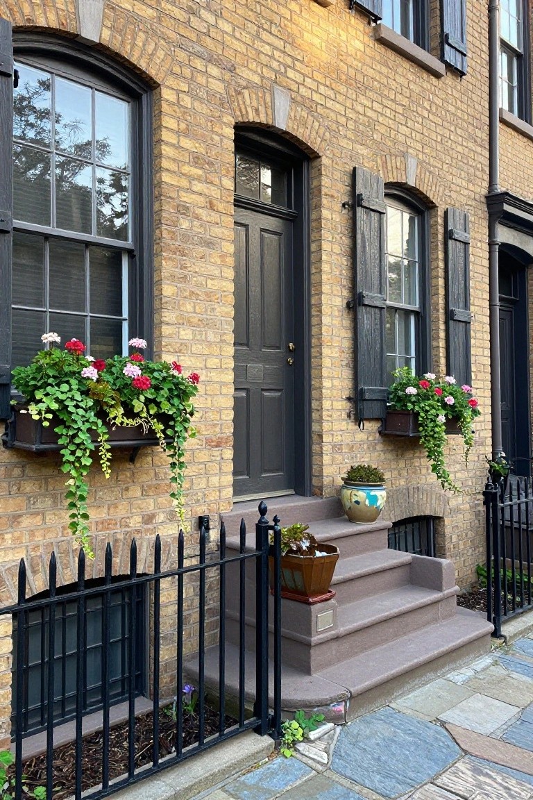 Yellow brick townhouse facade with arched black-framed windows, black shutters, dark wood front door, overflowing wooden window boxes with pink geraniums and trailing green ivy, black iron railing around front steps with potted plants.