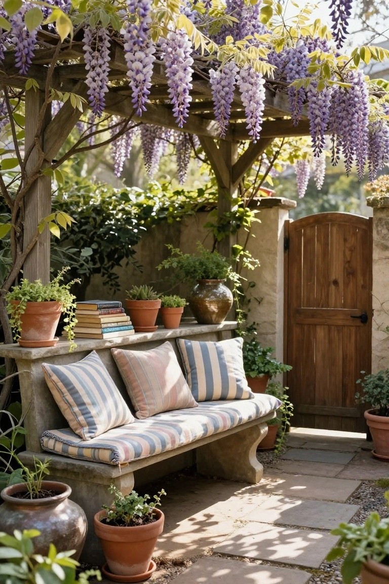 Wooden pergola covered in purple wisteria hanging over a cushioned bench on a stone base, with potted plants, books, and a wooden gate in a garden courtyard.