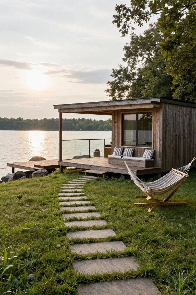 Wooden cabin structure on a dock extending over a lake, featuring a built-in bench with striped cushions along a glass-railed deck, a hammock nearby, and a stone pathway through grass leading to the setup.
