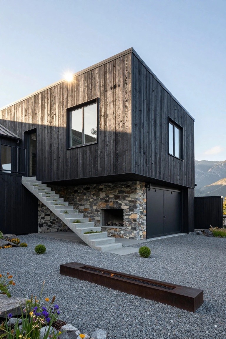 Corner view of a two-story modern cabin with vertical black wood siding, stone foundation, concrete stairs with plants leading to upper entry, black garage doors below, gravel yard with metal fire trough and small plants, against mountain backdrop.