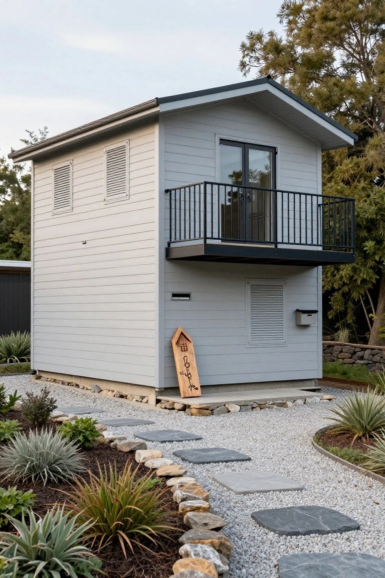 Gray two-story prefab cabin with vertical siding, black metal balcony and roof, wooden sign, mailbox, louvered vents, gravel path with stone steps, and agave plants.