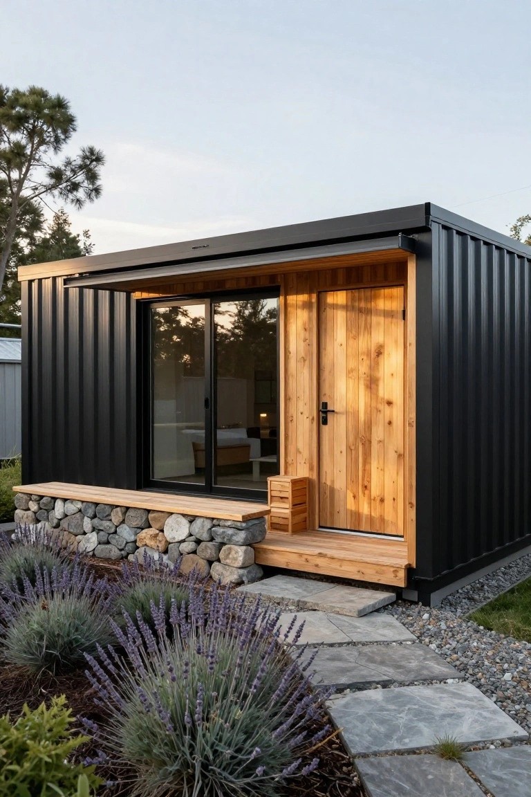 Black shipping container cabin with wooden porch overhang, cedar entry door, sliding glass doors, wooden bench on stone base, lavender plants, and stone path in yard.