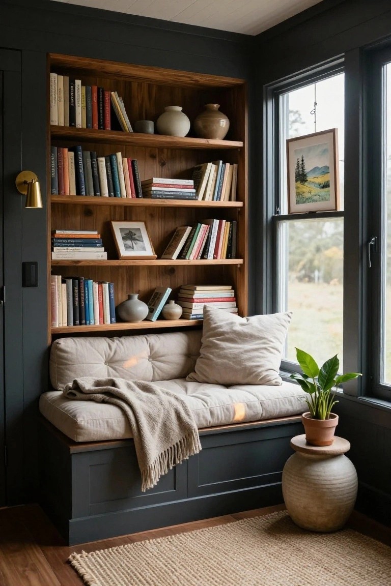 Corner interior with wooden bookshelves filled with books and ceramics, beige tufted window seat bench with pillows and gray throw, potted plants, and window showing outdoor view.
