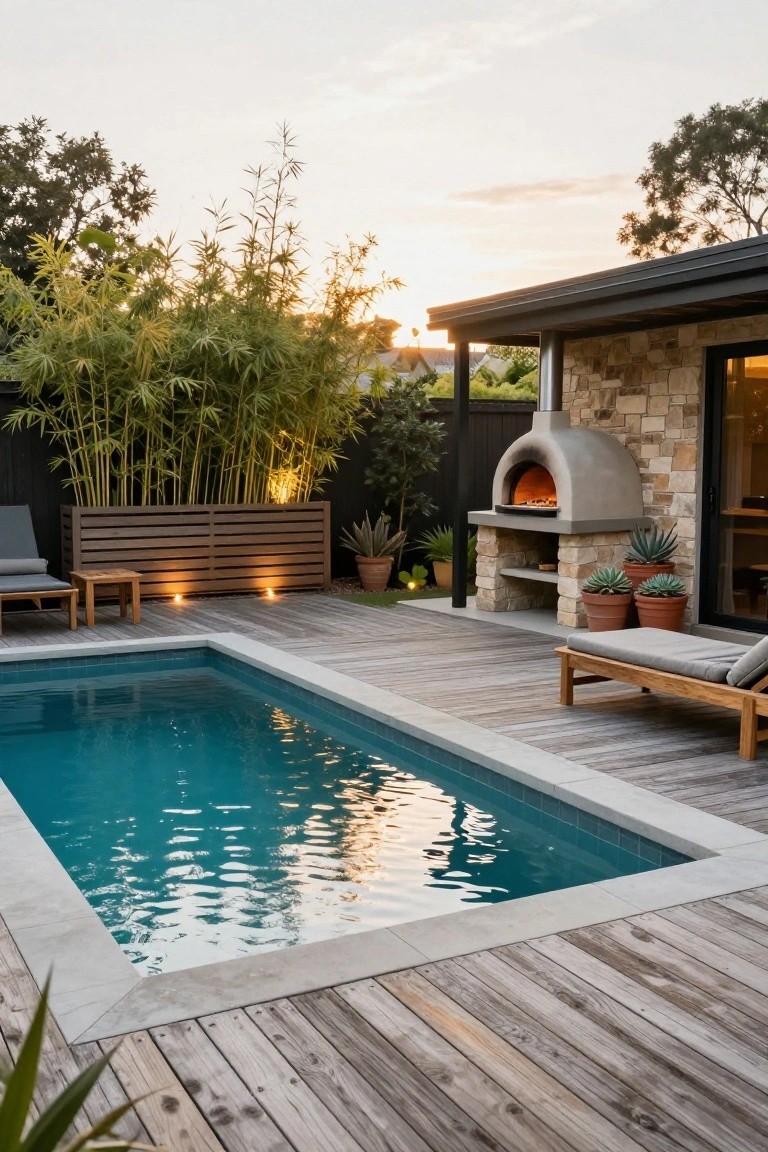 Wooden deck surrounding a rectangular turquoise pool, with a gray stone wood-fired pizza oven on a stone base, wooden lounge chair, potted plants, tall bamboo screen, and house with glass doors in the background at sunset.