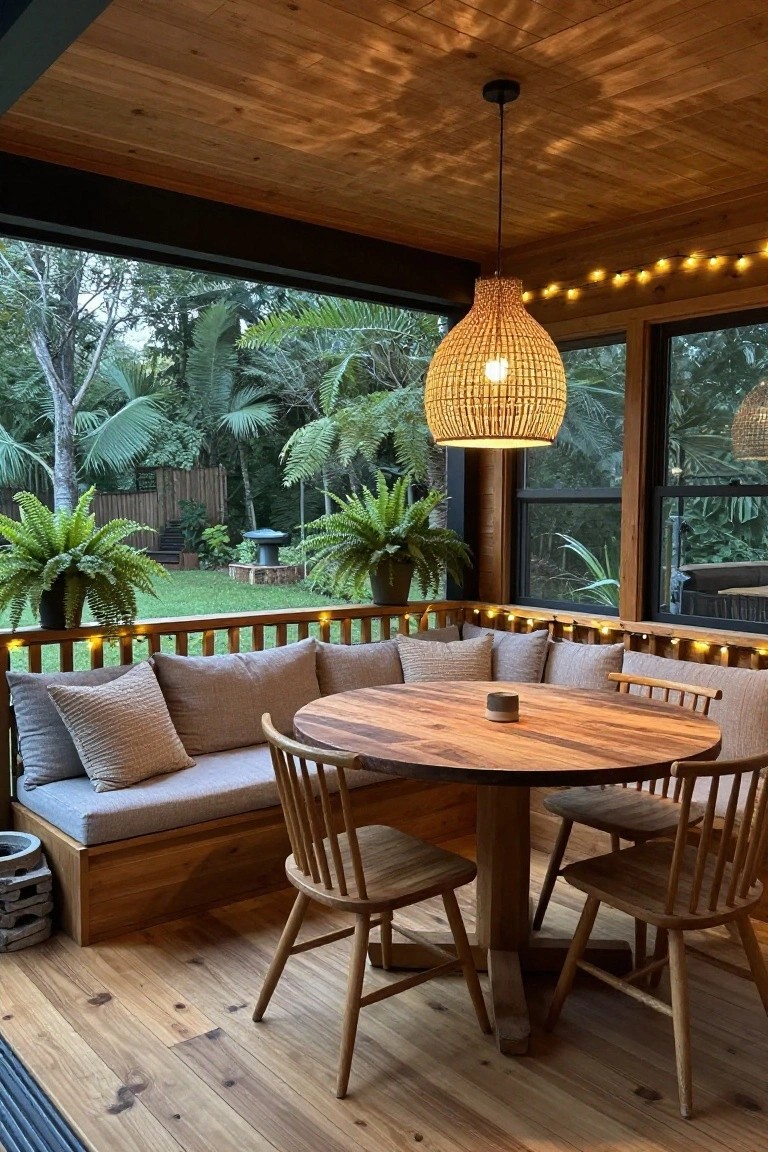 Screened porch with built-in gray bench seating in corner pillows round wooden dining table two wooden chairs potted ferns string lights along railing and tropical garden view beyond