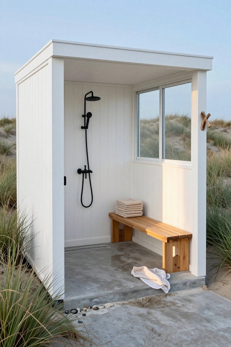 White wooden open-air shower cabin with black rain showerhead and handheld fixture, wooden bench stacked with beige towels, concrete floor, and surrounding beach dunes with grass.