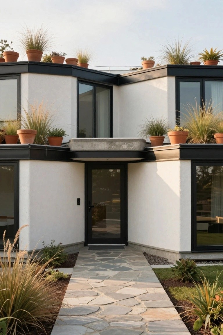 Front view of a white modern house with black metal window and door frames, concrete entry ledge, numerous large terracotta pots of tall grasses on roof parapets and ledges, flagstone path to the door, and grasses along the base.