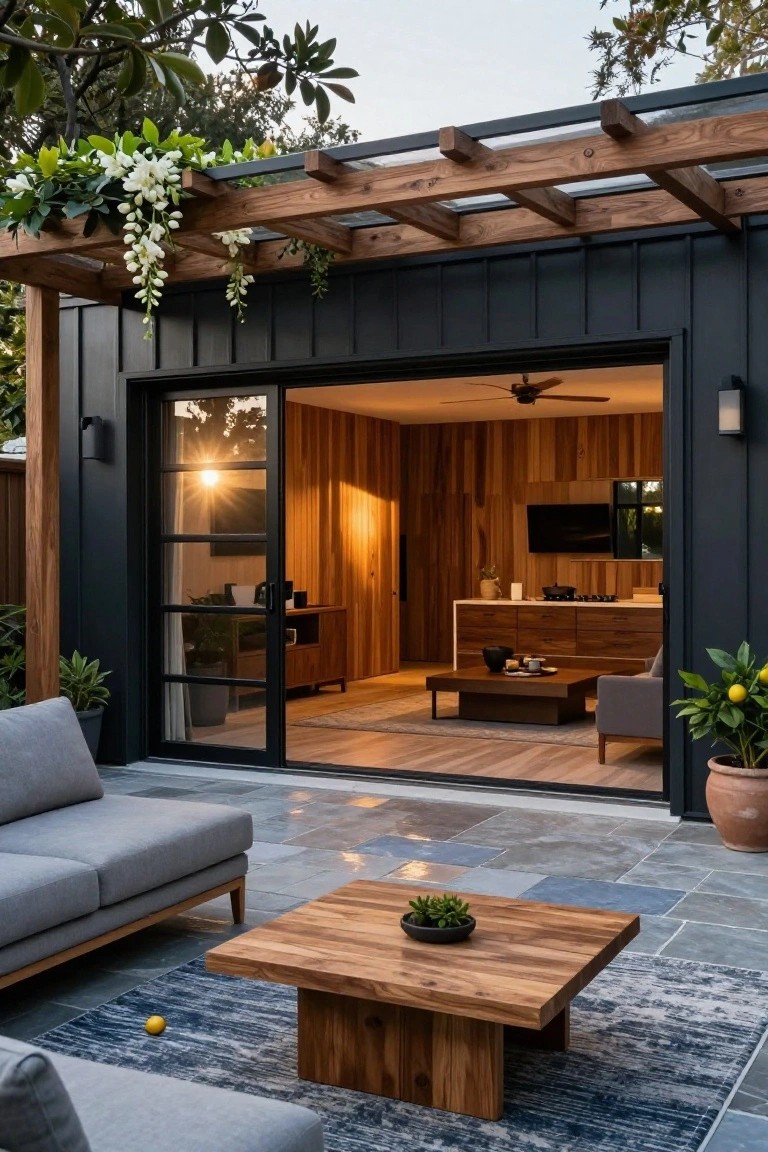 Black modular home exterior with wooden pergola overhead, large open sliding glass doors showing wooden interior, and adjacent outdoor patio featuring gray L-shaped sofa, wooden coffee table, blue rug, and potted plants on stone tile flooring.