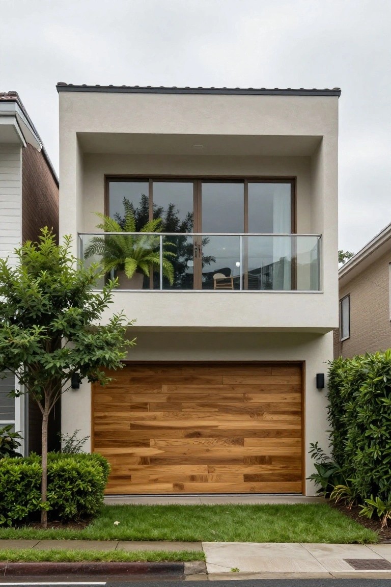 Two-story modern house exterior featuring beige stucco walls, a large wooden slat garage door, glass balcony railing with potted fern, flanked by trees, shrubs, and a grassy strip on a sidewalk.