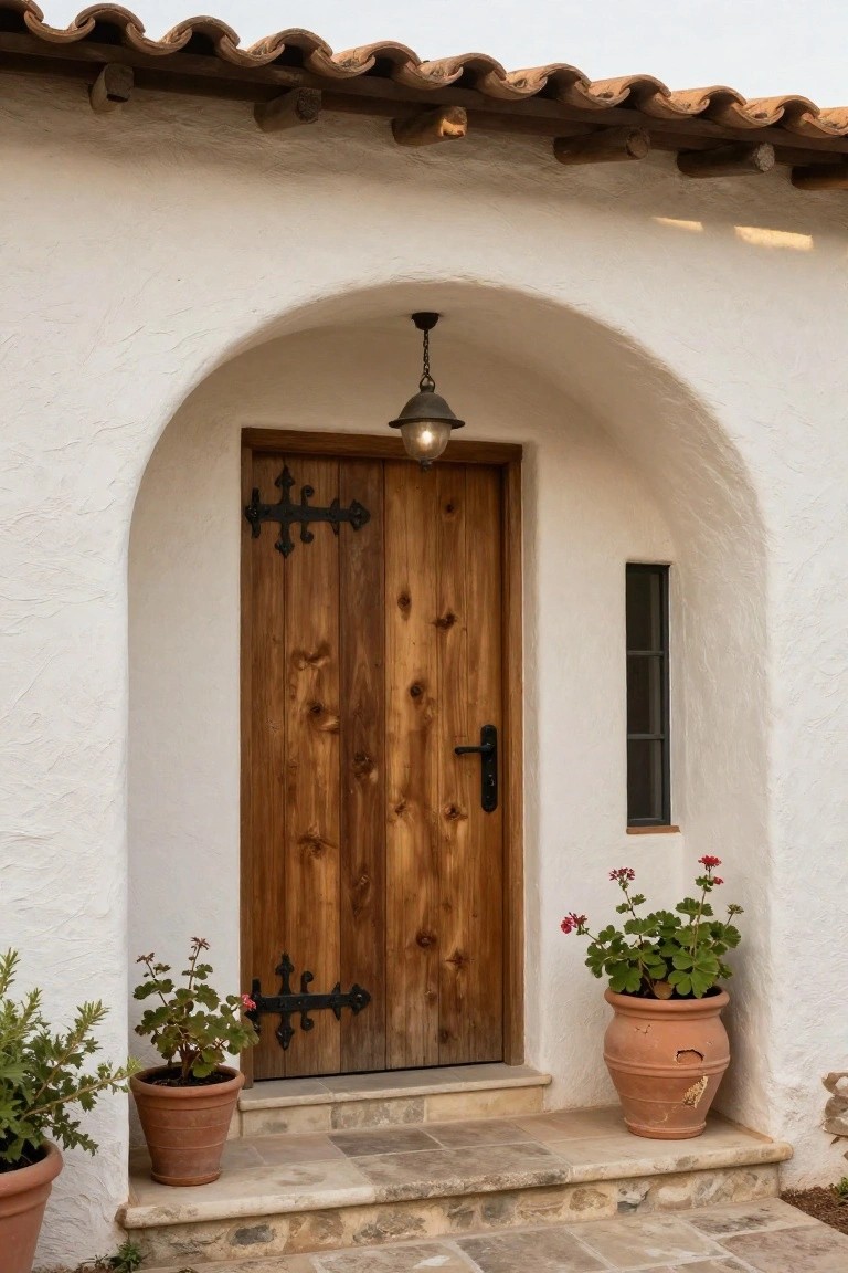 White stucco arched entryway on a house exterior with dark wooden front door featuring black iron strap hinges, hanging lantern above, potted geraniums flanking stone steps, and terracotta roof tiles overhead.