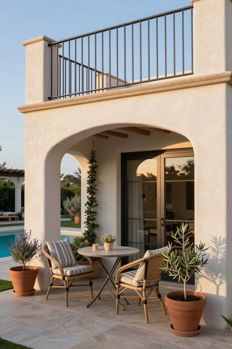 Stucco house exterior with arched covered patio holding a round metal table, two wicker chairs with striped cushions, potted plants including olive trees and lavender, next to a pool on a tiled terrace.