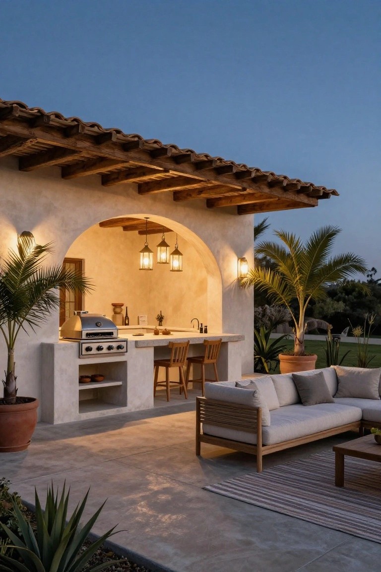 Stucco outdoor kitchen with gas grill, sink, and wood bar stools under an arched wood-beamed roof, next to a rattan sofa on a tiled patio with potted palms and agave plants at dusk.