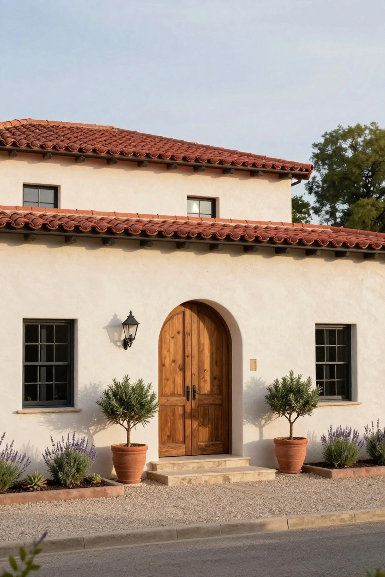 White stucco house with red tile roof and black-framed windows, featuring a dark wooden arched double door entry flanked by potted olive trees and lavender plants on gravel with stone steps.