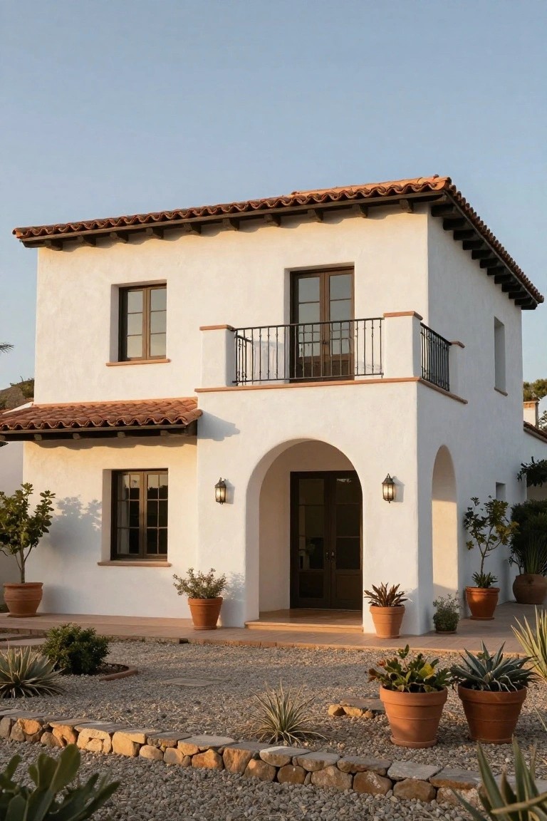 Two-story white stucco house with red terracotta tile roof, black metal balcony railing, arched entry with wooden doors and lanterns, gravel yard with potted succulents and agaves, and a low stone wall.
