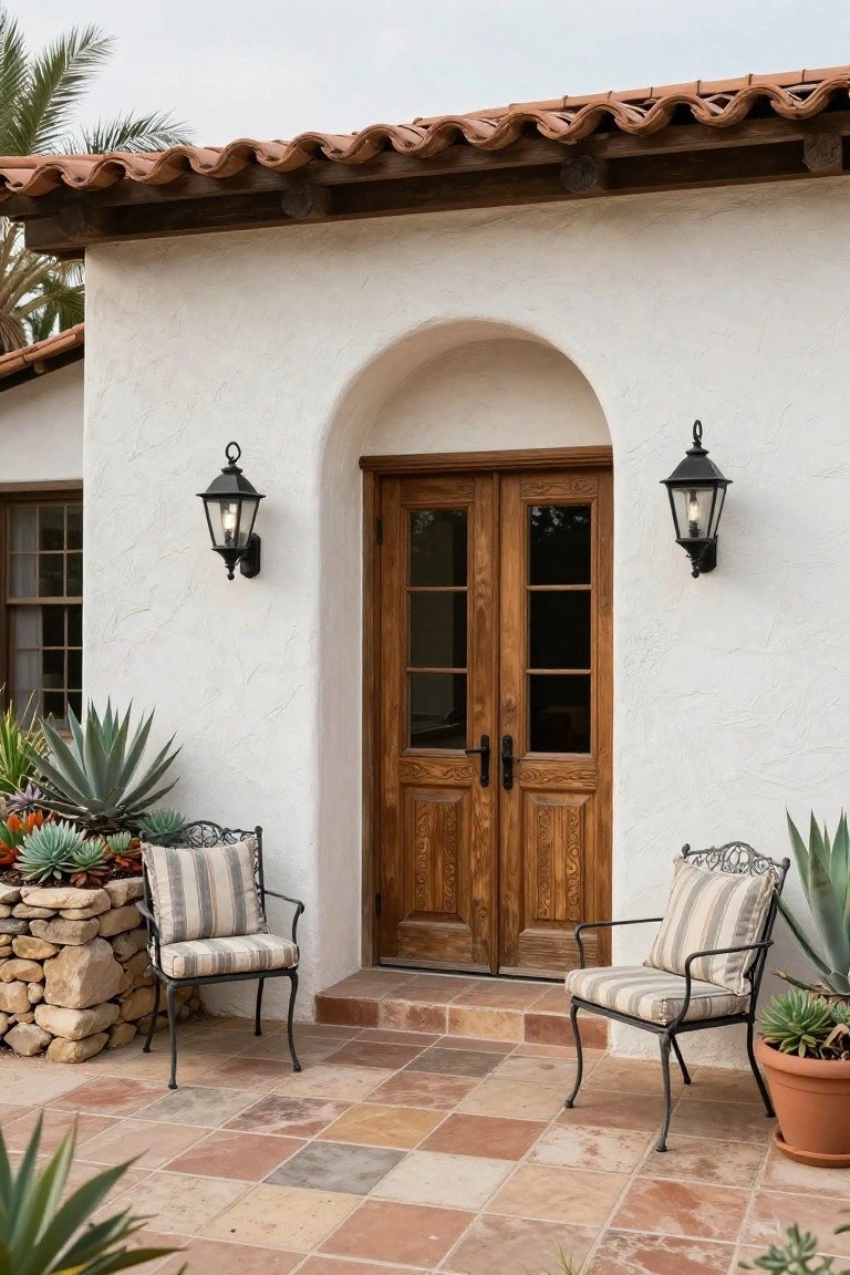 White stucco house exterior with arched wooden double doors, black lanterns flanking the entry, two striped upholstered metal chairs, agave and succulent plants in pots and beds, and terracotta paver patio.
