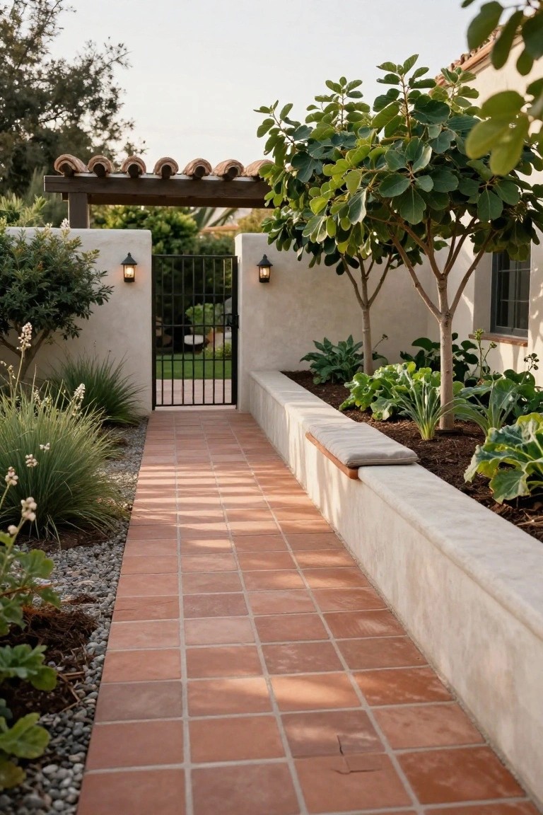 Terracotta tiled pathway bordered by raised stucco planters with green leafy plants and ornamental grasses leading to a black metal gate flanked by lanterns in a walled outdoor entry area.