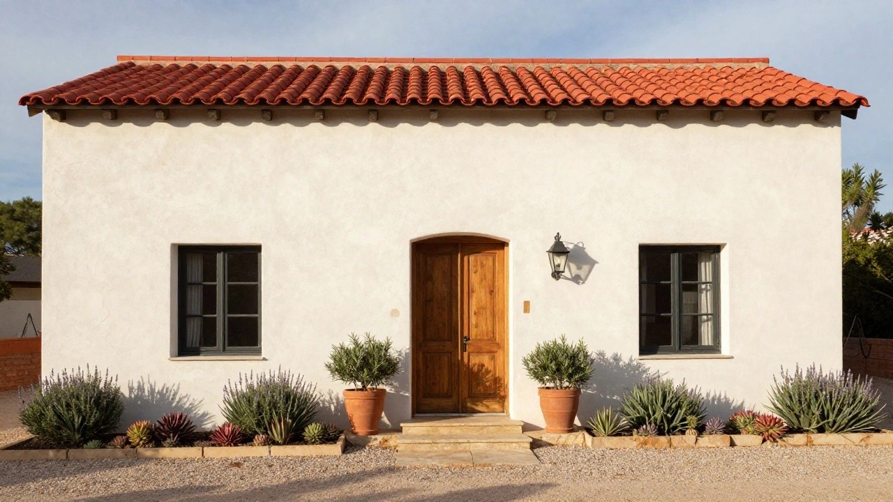 White stucco house with red tile roof and black-framed windows, featuring a dark wooden arched double door entry flanked by potted olive trees and lavender plants on gravel with stone steps.
