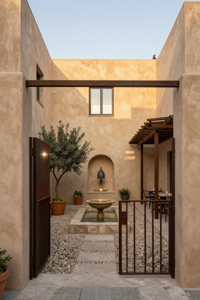 Beige stucco-walled courtyard with central stone fountain, olive tree, gravel ground cover, potted plants, wooden pergola shading a table and chairs, and iron entrance gate.