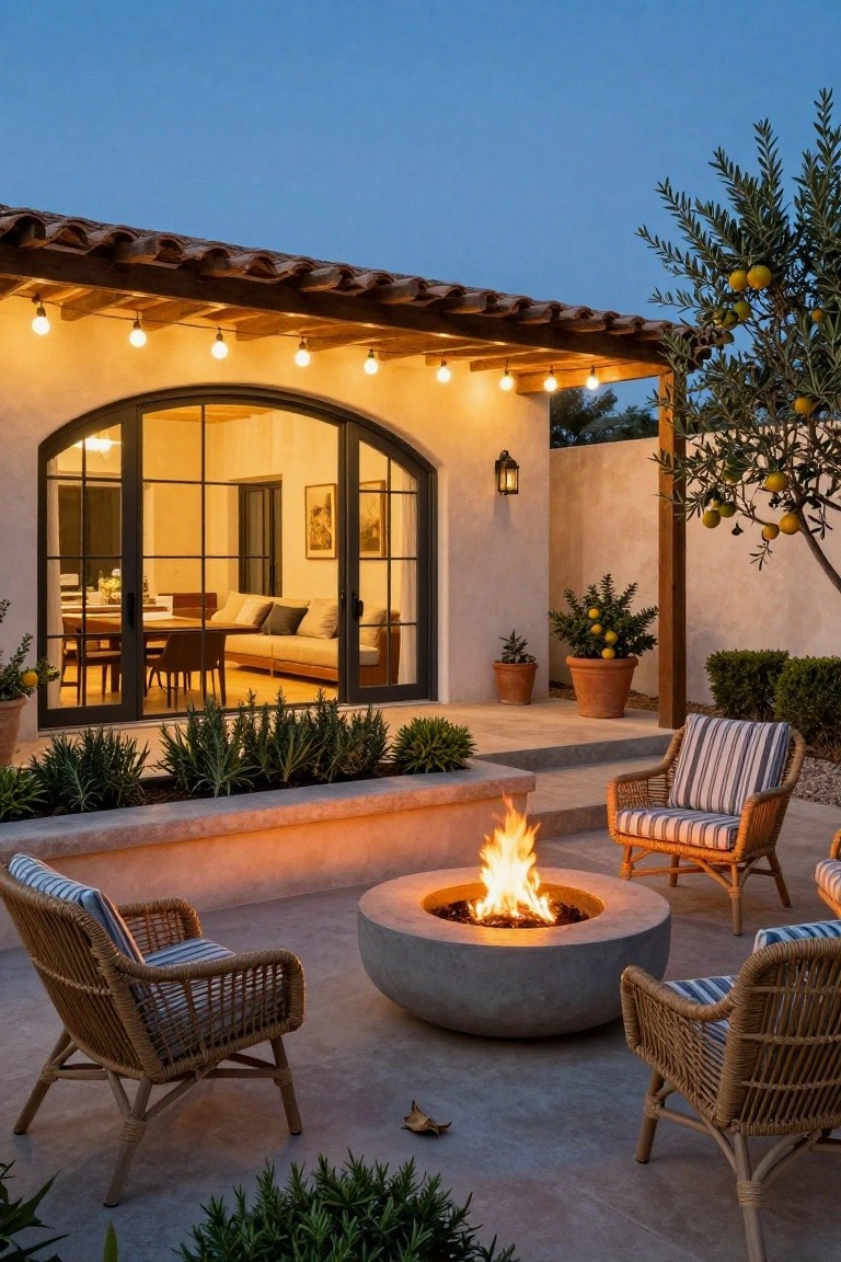 Modern Spanish-style outdoor patio at dusk with a central concrete fire pit, four wicker chairs with striped cushions, string lights under a wooden pergola, potted citrus trees and shrubs, and large arched glass doors opening to an interior dining room.