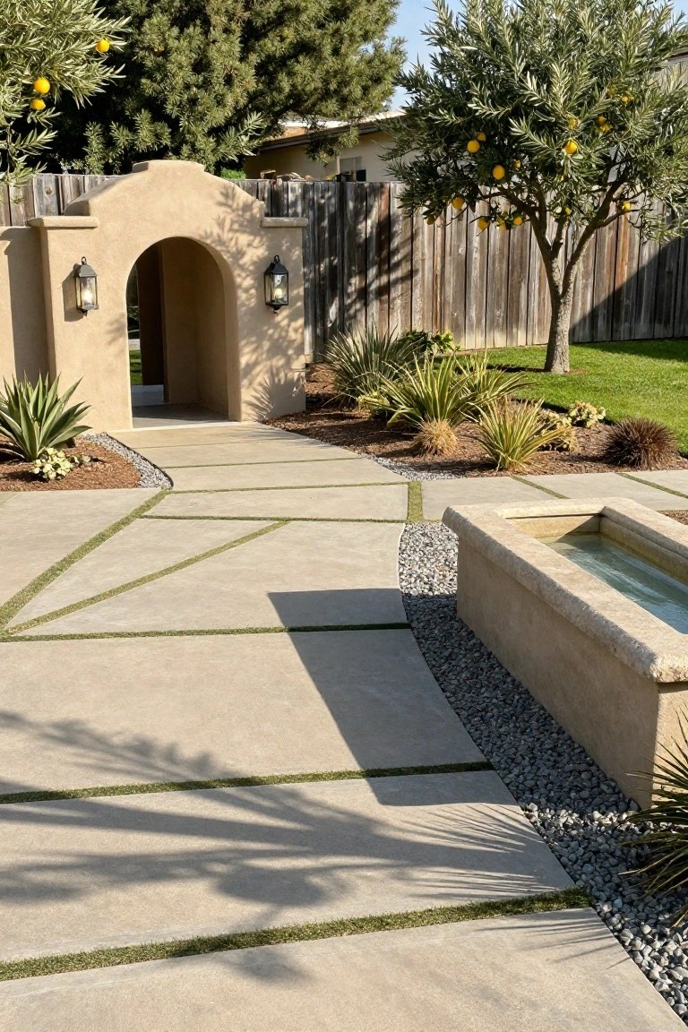 Beige concrete pavers with green grass strips forming a pathway in a landscaped courtyard, leading to a stucco arched gateway with lanterns, surrounded by olive trees bearing oranges, agave plants, grasses, and a rectangular stone fountain.