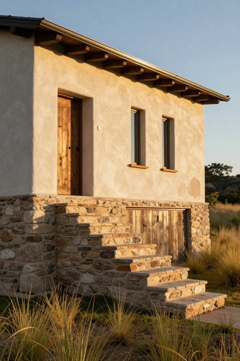 Beige stucco house exterior with wooden door, two narrow windows, wooden garage door below, rustic stone steps leading to the entry, and tall grasses around the base at sunset.