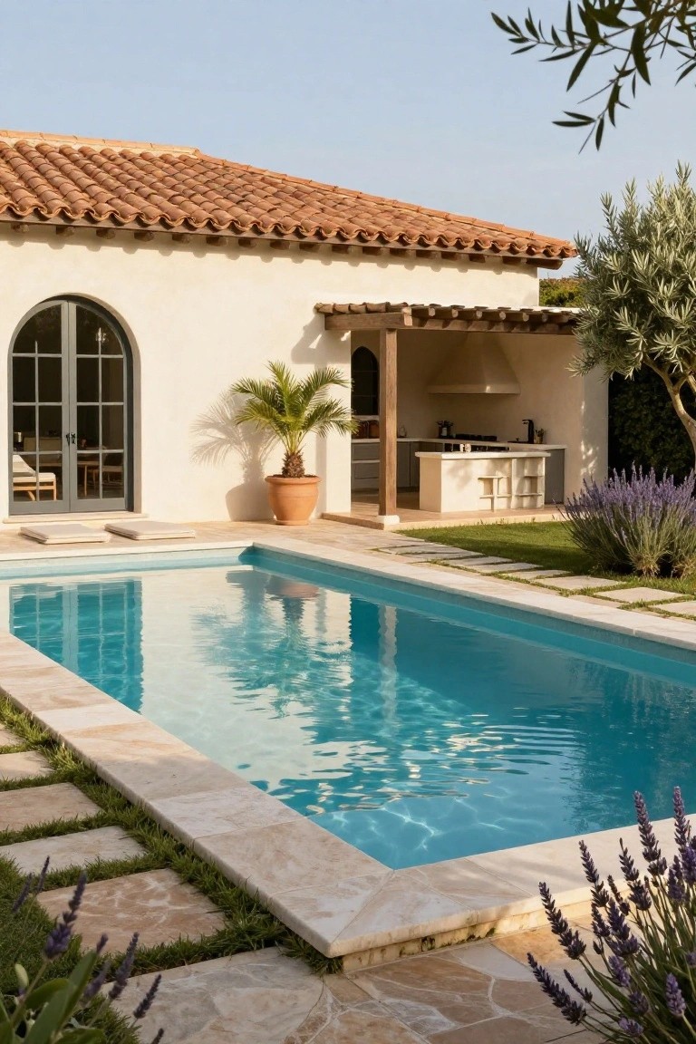 Turquoise rectangular pool with light travertine stone coping and decking featuring grass inlays between tiles, adjacent to white stucco house wall, wooden pergola outdoor kitchen, lavender plants, and olive trees.
