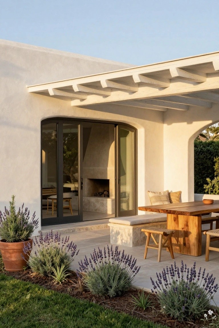 White stucco exterior wall with curved sliding glass doors open to a covered terrace holding a rectangular wood dining table, benches, stools, cushions, built-in fireplace, and potted lavender plants along the edge next to a green lawn.