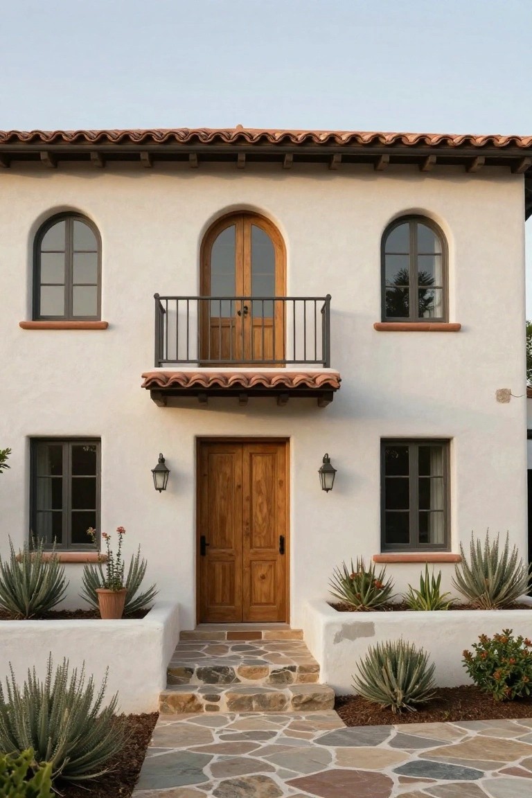 Front view of a two-story white stucco house with terracotta tile roof, wooden double entry doors, arched windows, a second-floor balcony with wooden doors and iron railing, wall-mounted lanterns, raised beds of agave plants, and a flagstone path with steps.