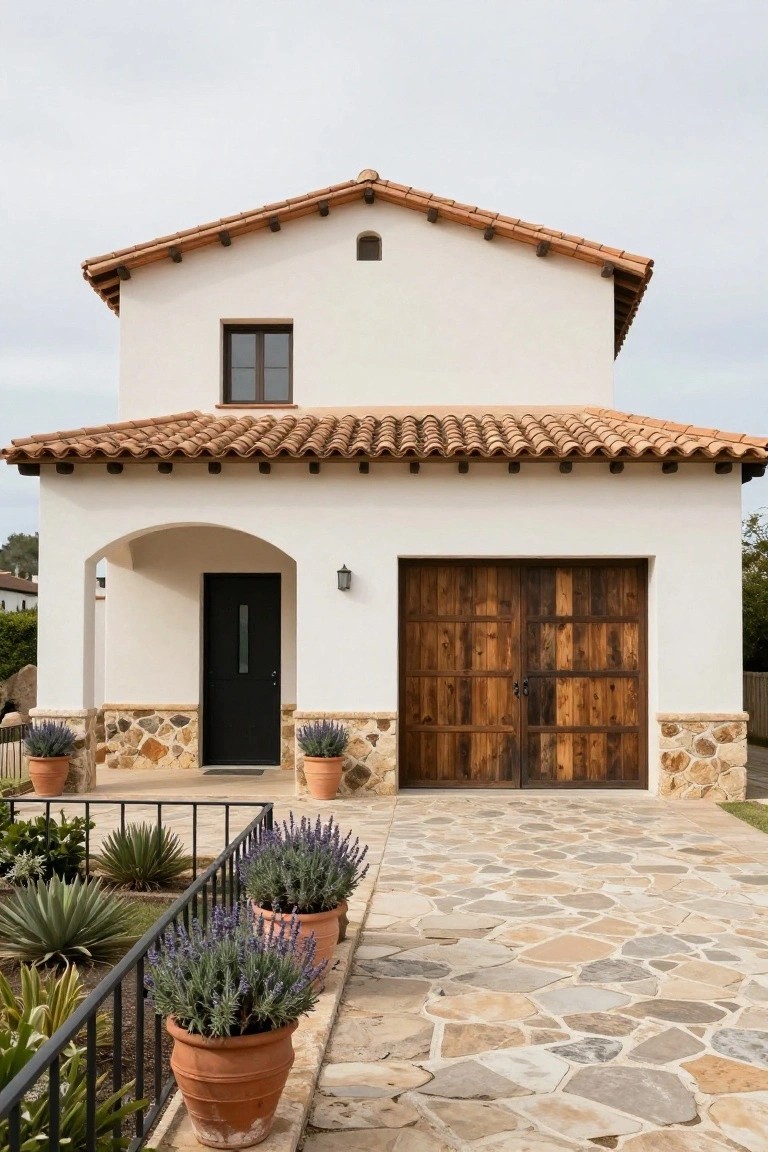 White stucco house with terracotta tile roof, double wooden garage doors, black front door under an arched entryway, stone base accents, and terracotta pots of lavender plants along a flagstone driveway.
