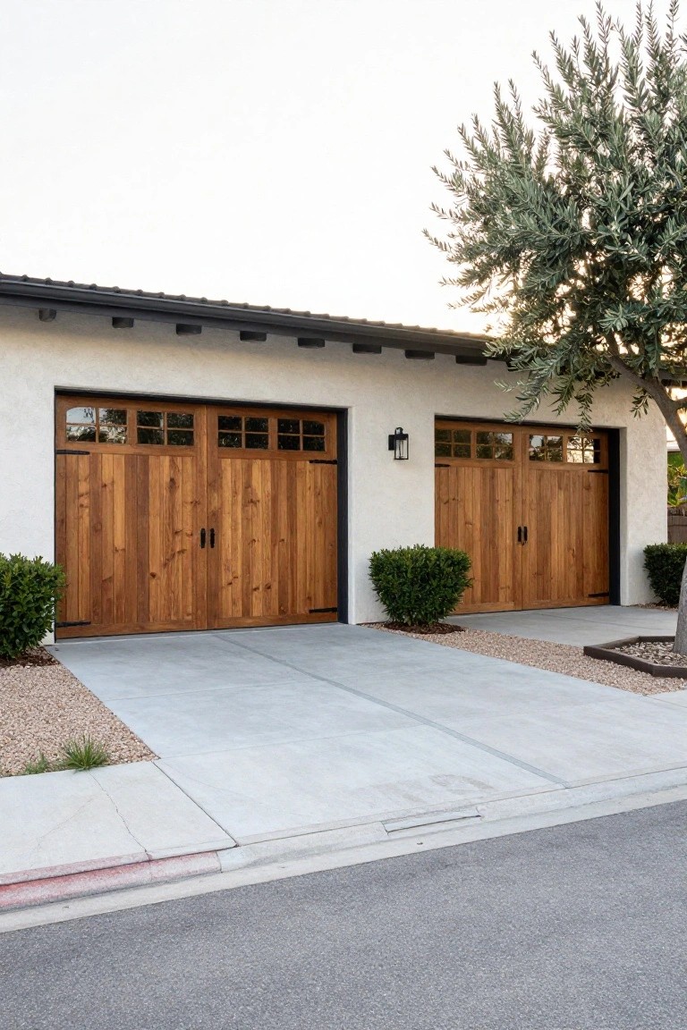 Two-car garage featuring vertical-plank wooden doors with glass panels and black hardware on a beige stucco facade, with boxwood shrubs, gravel mulch, and a concrete driveway in a desert landscape.