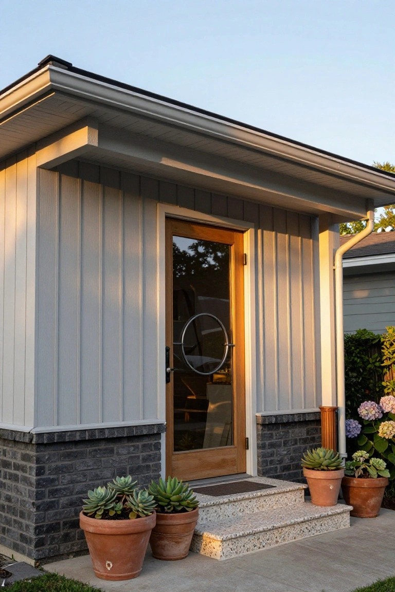 Gray vertical board-and-batten sided small backyard building with overhanging roof, wood-framed glass door with circular handle, black brick base, and large terracotta pots of succulents flanking concrete steps.