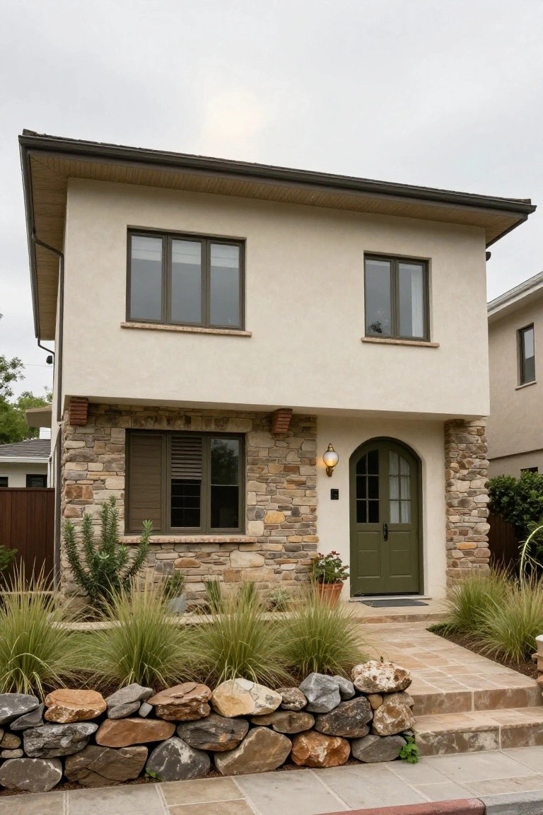 Beige stucco two-story house exterior with brown wood trim, stone pillars framing a green arched front door, flanked by windows, and fronted by rock retaining wall with grasses and plants.