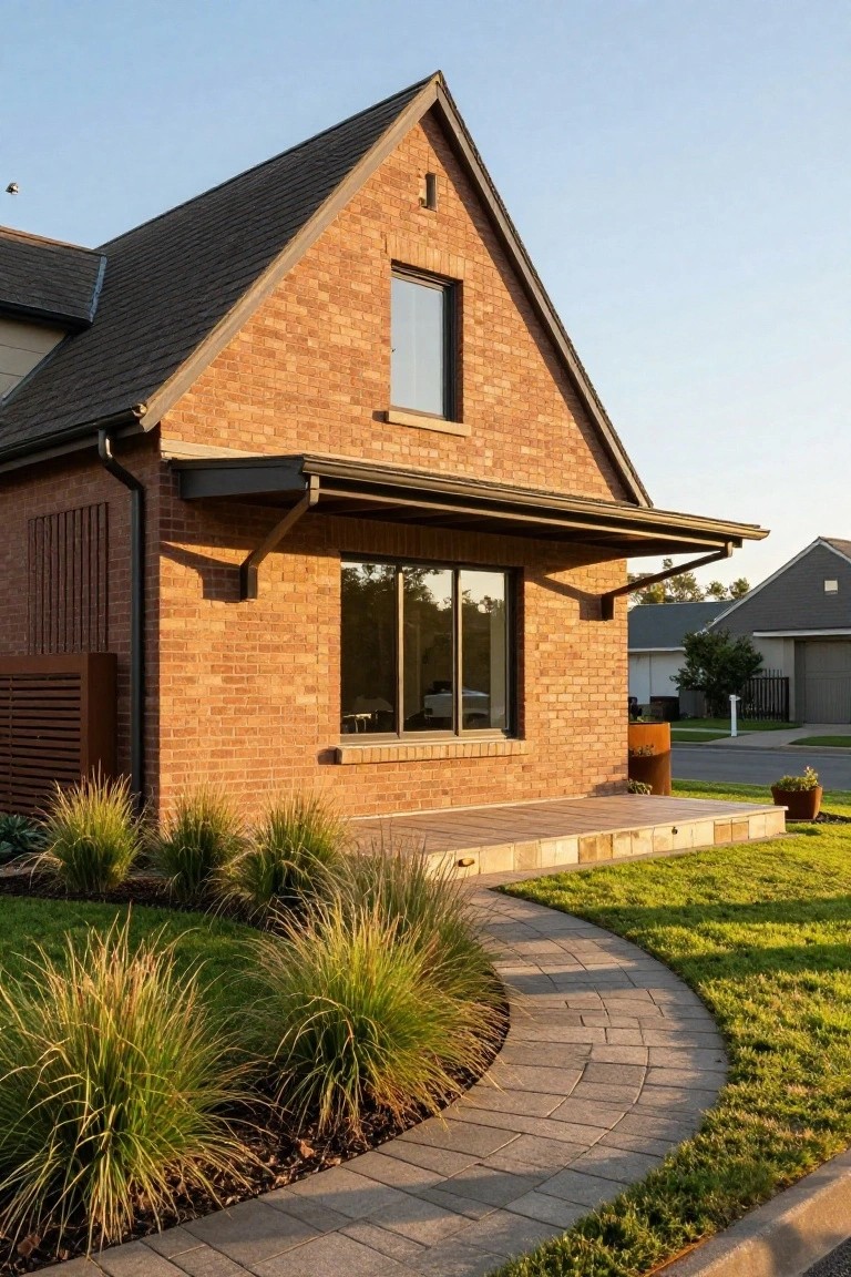 Brick house exterior with gabled roof section, large reflective window under projecting metal awning, stone entry steps, curved paver pathway, ornamental grasses, and neighboring houses in the background.