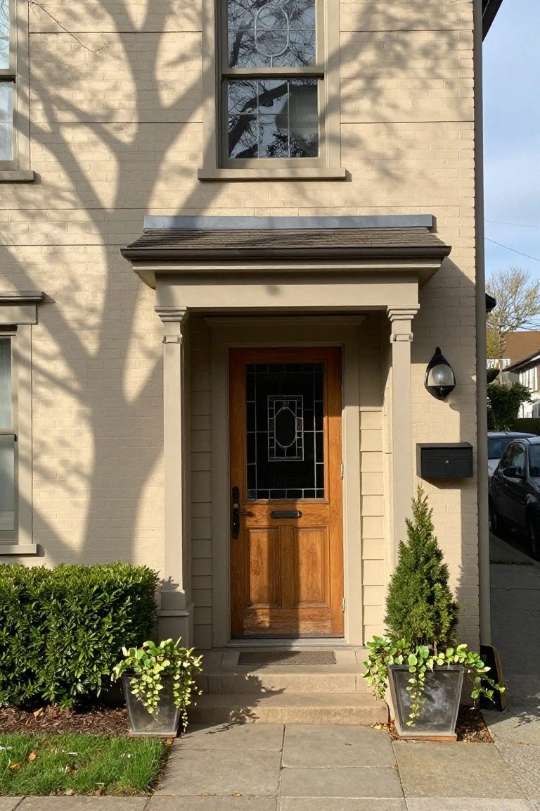 Beige brick house exterior featuring a small covered porch with columns, wooden front door with leaded glass window and brass knocker, wall light, mailbox, dwarf evergreen shrub, and potted plants flanking stone entry steps on a paved walkway.