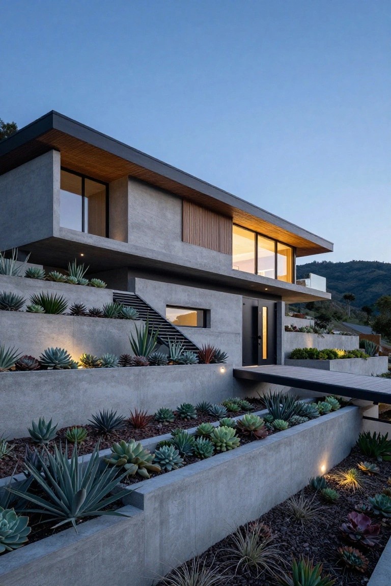 Modern concrete house built into a hillside with wood roof overhangs, vertical wood siding, large glass windows, black entry door, and terraced concrete retaining walls planted with agaves and succulents at dusk.