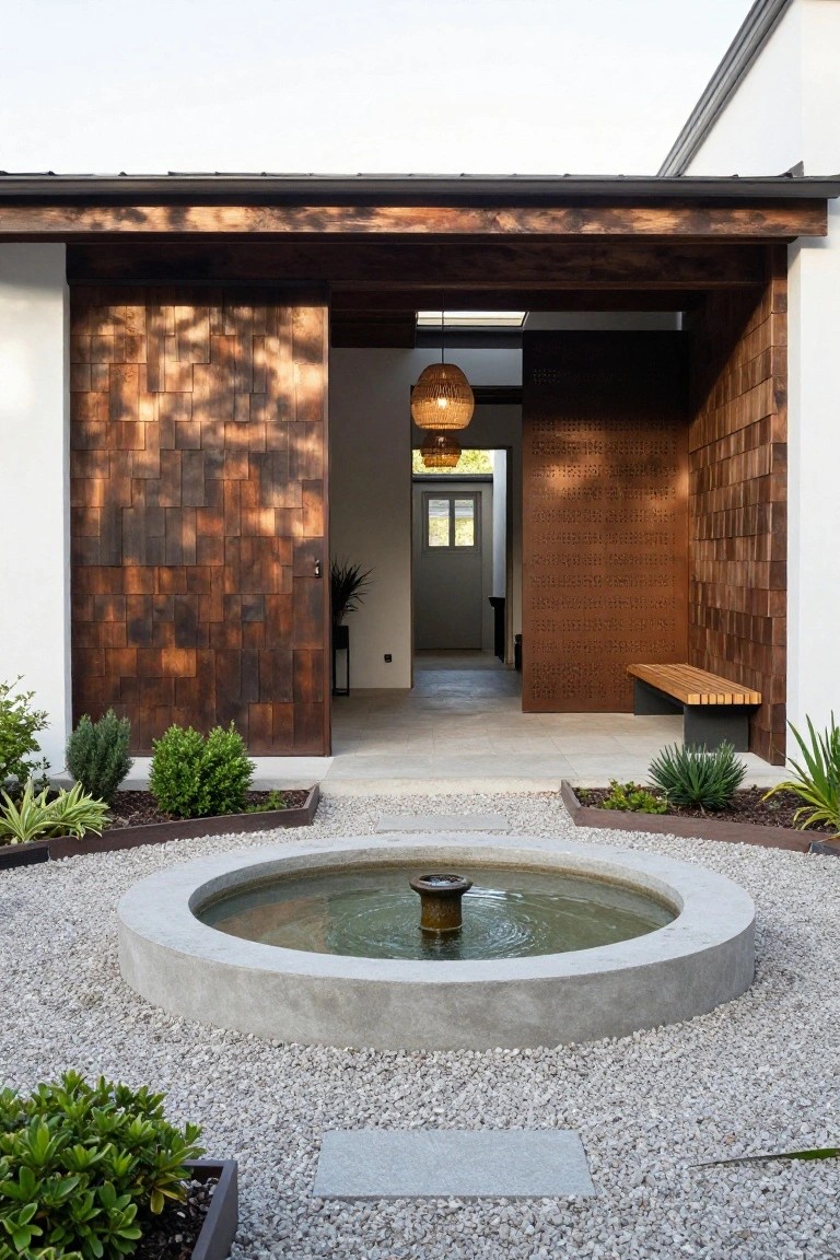 Exterior view of a modern house entry with tall copper shingled sliding door and walls, open corridor leading inside, wooden bench, and circular concrete fountain in gravel courtyard with low plants.