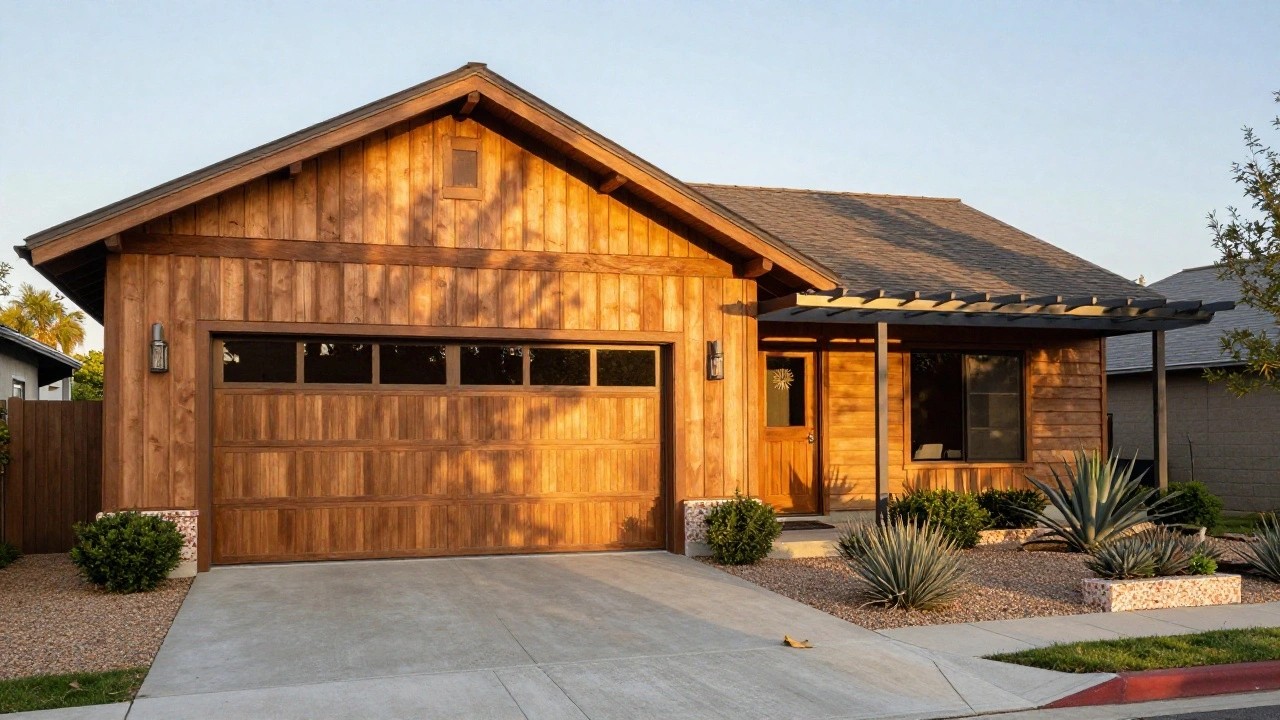 Wooden garage building with horizontal wood siding, large garage door with black metal frames and glass panels, side entry door, black metal canopy overhead, agave plants nearby, and concrete driveway apron.