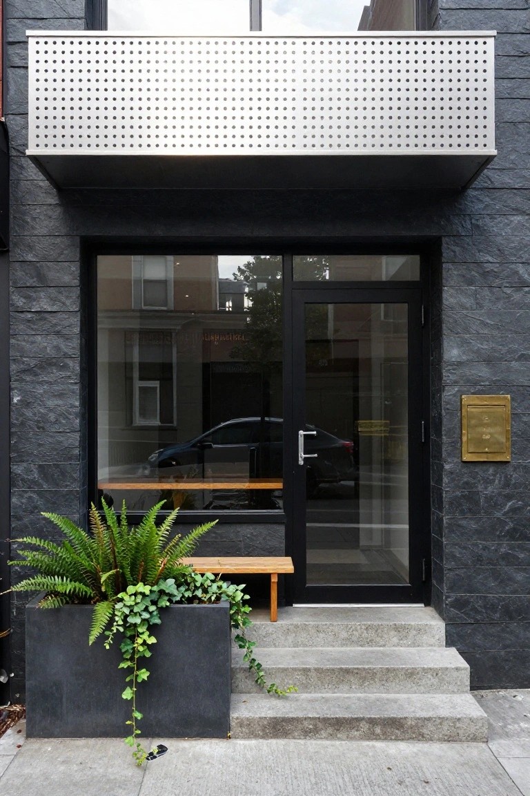 Front exterior of a modern house featuring dark textured stone cladding, a large horizontal perforated metal awning above the upper windows, black-framed full-height glass entry door and sidelights, a wooden bench and potted ferns visible through the glass, brass wall plaque, and concrete steps leading to the door.