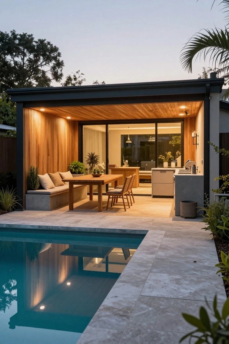 Modern outdoor kitchen with poolside dining area at dusk.