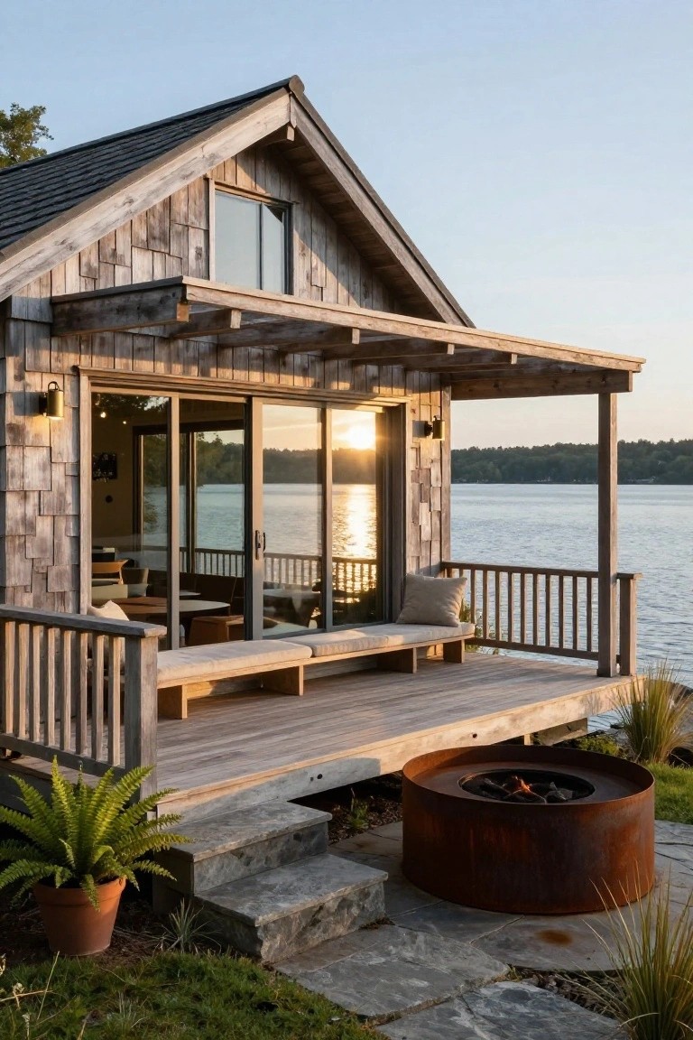 Compact gabled cabin clad in weathered vertical wood shingles with large sliding glass doors opening to a deck overlooking a lake, a cushioned bench on the deck, and a round metal fire pit on stone steps nearby.