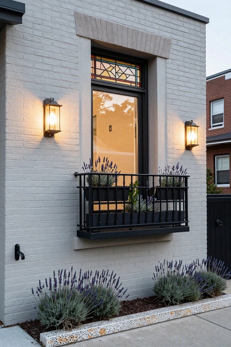 Light gray brick house wall with a tall stained glass window in black frame above a black metal balcony planter containing greenery, flanked by two lanterns and lavender plants at the base.