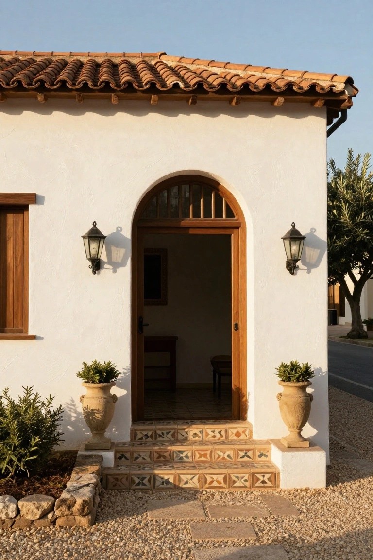 White stucco house facade with terracotta tile roof, open arched wooden entry door flanked by black lanterns, matching terracotta urns with topiary plants on either side of colorful tiled steps leading to a gravel path.