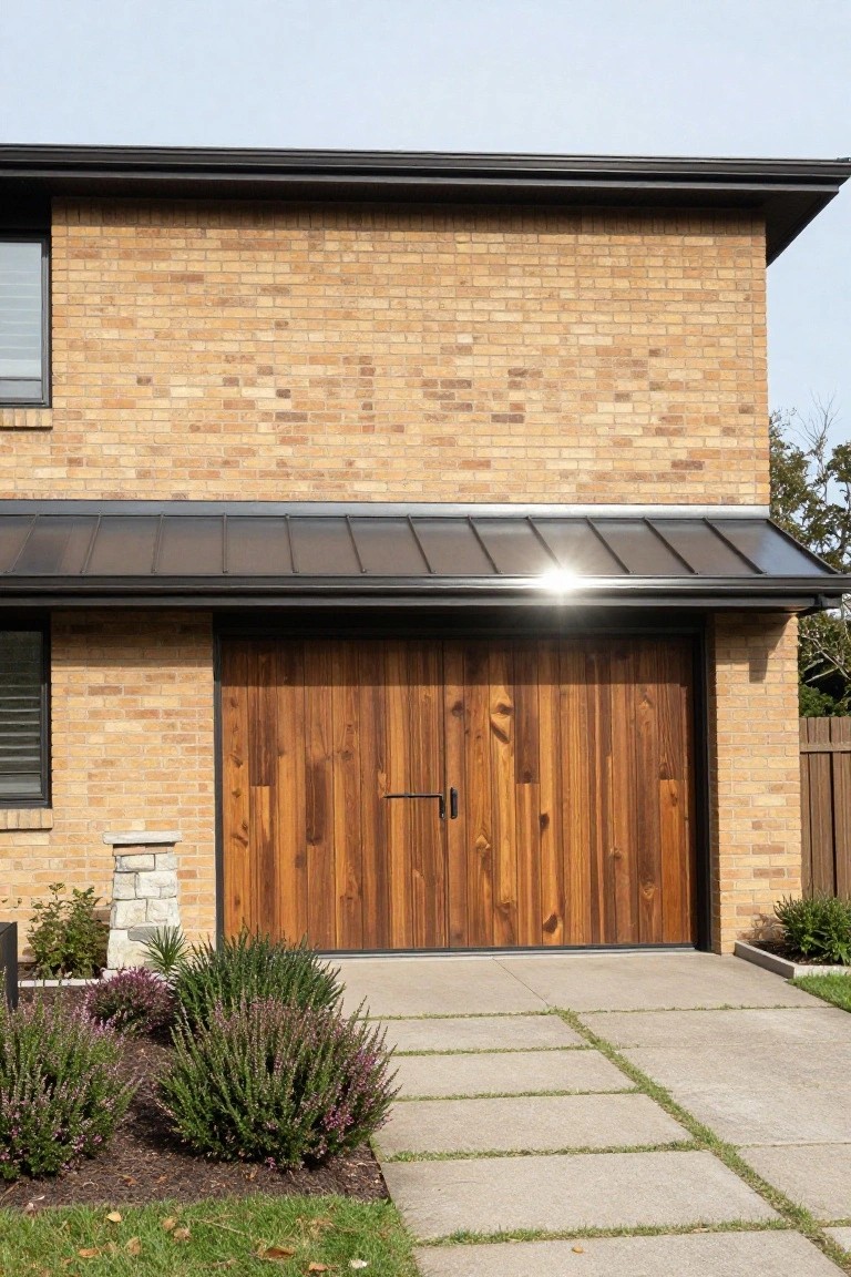 Brick house exterior with a large vertical-plank wooden garage door under a black metal awning, flanked by a narrow window, concrete driveway, and low shrubs.