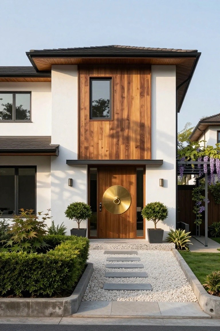 Two-story modern house exterior featuring white stucco walls, a vertical wood-clad section beside the entry, wooden front door with large golden gong knocker, flanked by potted topiary plants, stone stepping stones in gravel, and low hedges.