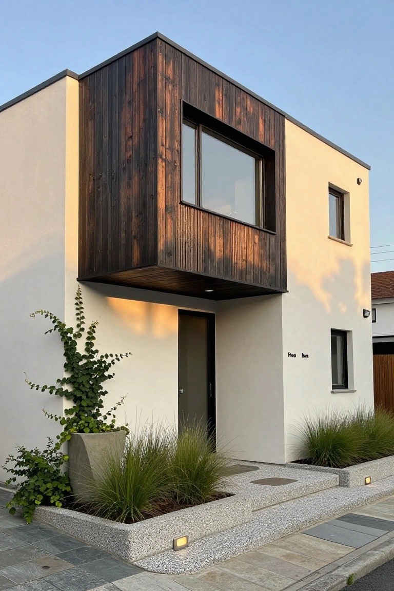 Two-story modern house exterior with white stucco walls, dark vertical wood cladding on the front corner and overhang, large window in wood section, black entry door, and front landscaping with grasses, ivy vine, and concrete planter.