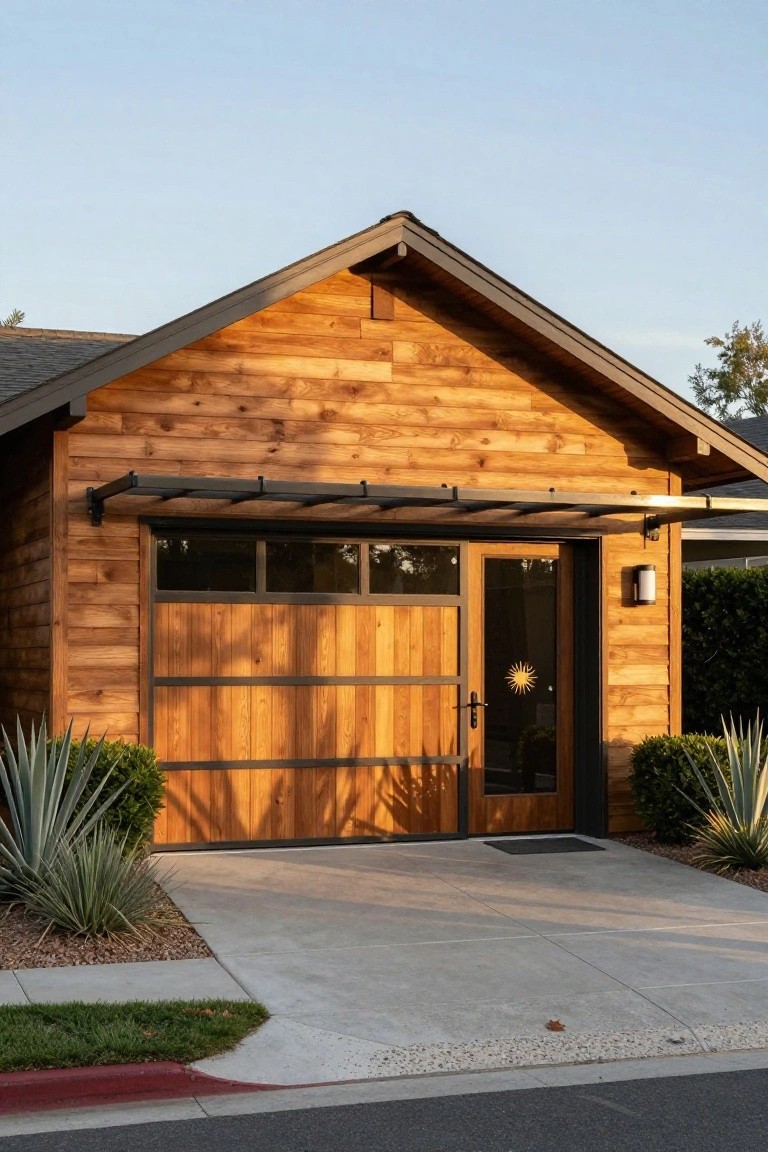 Wooden garage building with horizontal wood siding, large garage door with black metal frames and glass panels, side entry door, black metal canopy overhead, agave plants nearby, and concrete driveway apron.